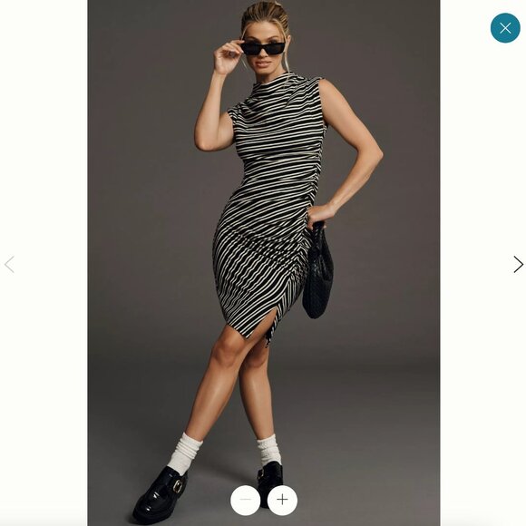 ANTHROPOLOGIE Neck Ribbed Knit Black & White Stripe Mini Dress with Side Slit